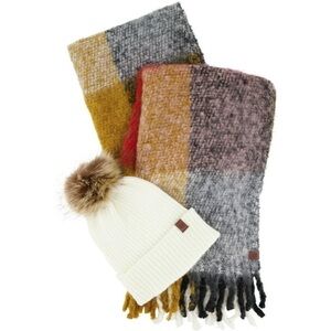 Lucky Brand Plaid Scarf and Pom-Pom Beanie Gift Set